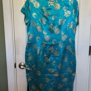 Elegant Teal and Gold Floral Dress